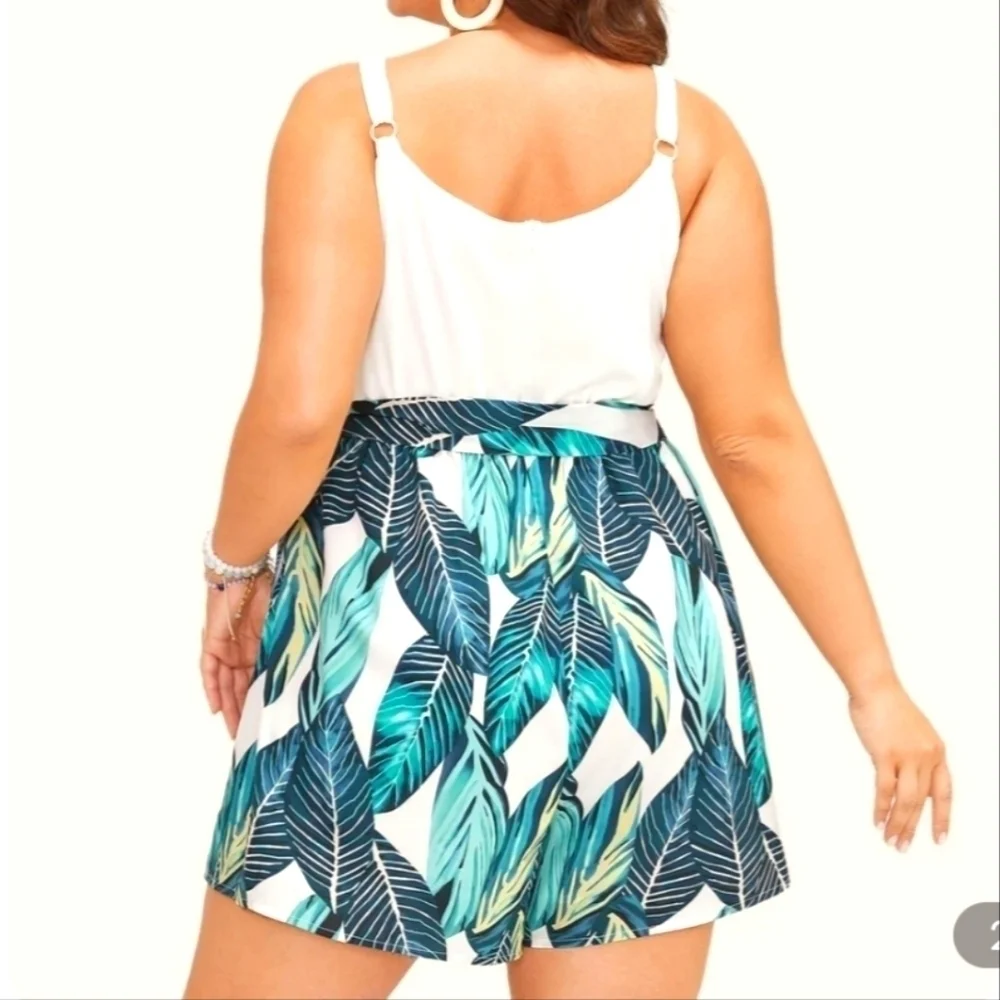 Tropical Patchwork Printed Cami Belted Romper